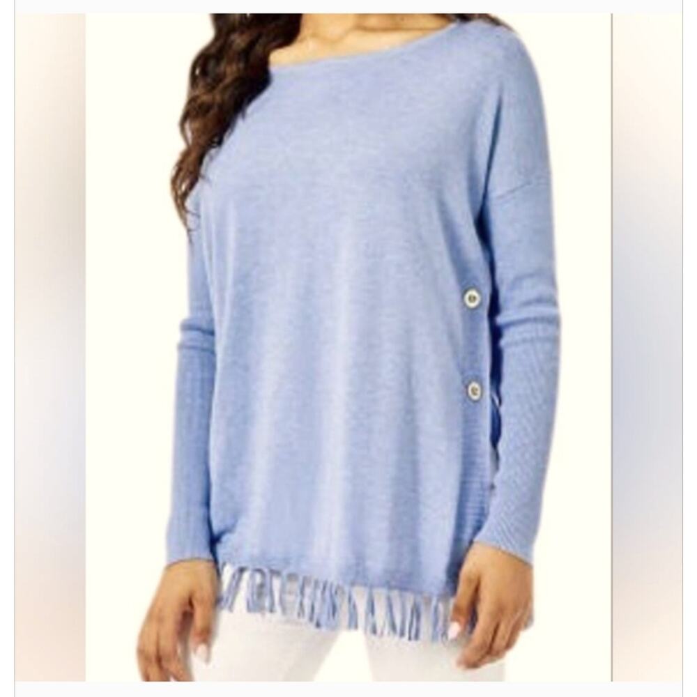 LILLY PULITZER Ramona Fringe Sweater Pastel Blue Gold Buttons Long Sleeve XS